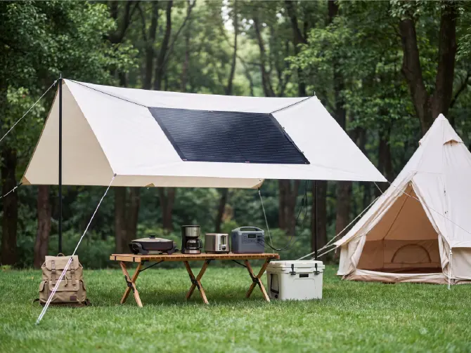 Solar panels supporting an off-grid outdoor power setup