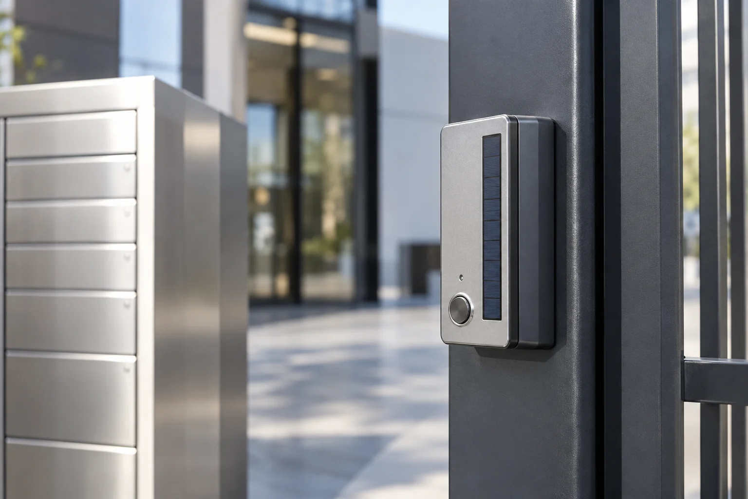 Smart access-control unit with a narrow custom solar strip integrated into its front surface