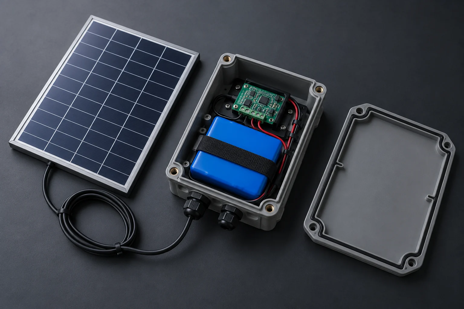 Compact battery, solar charge-control board and solar module arranged for an IoT charging review