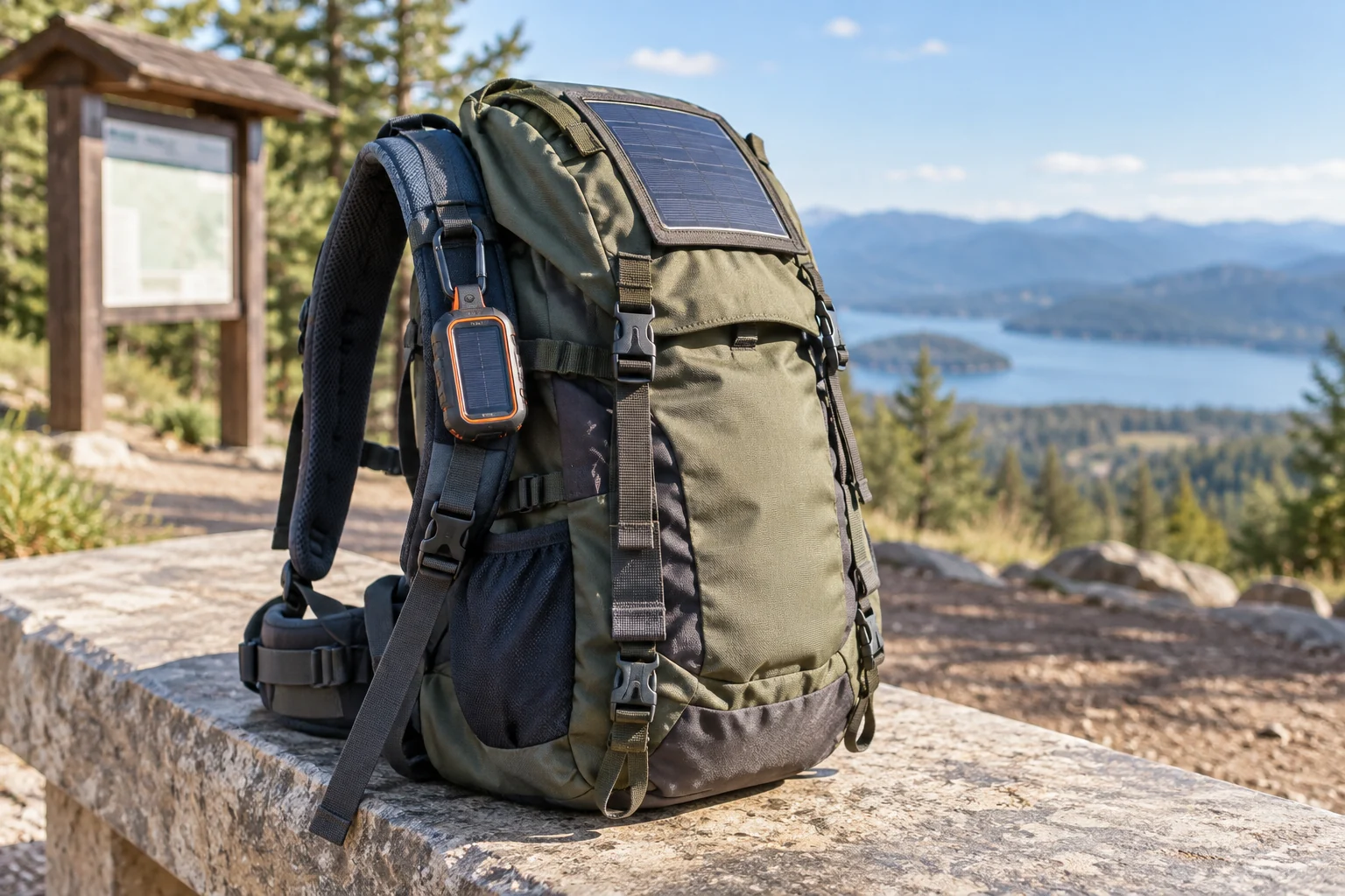 Solar-assisted GPS safety tracker attached to a technical hiking backpack