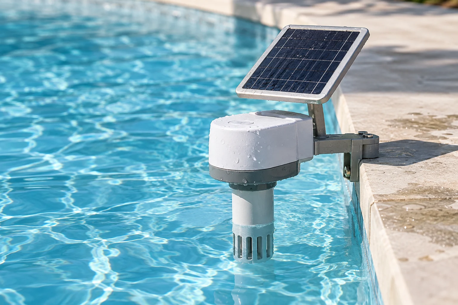 Solar-powered pool-water monitoring sensor exposed to sun and water at a residential pool