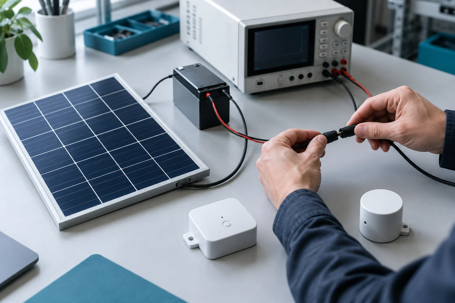 Technician connecting a compact solar panel, battery and power-analysis instrument for a consumer IoT device