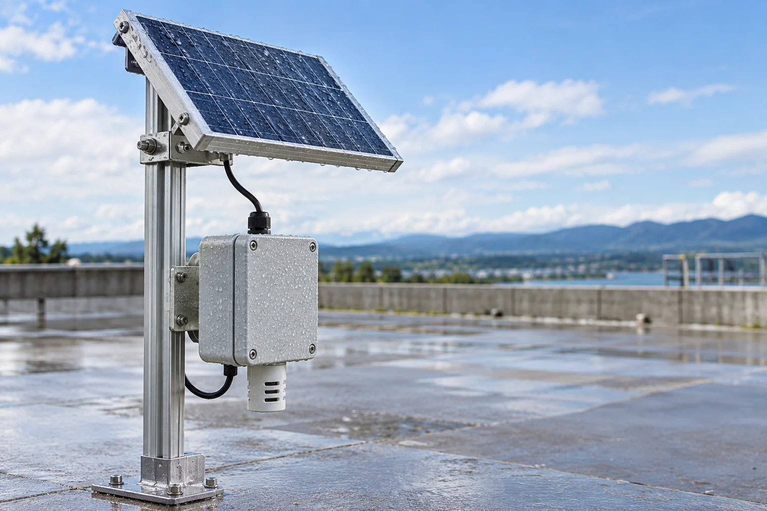 Weatherproof solar-powered IoT enclosure undergoing outdoor rain-exposure testing