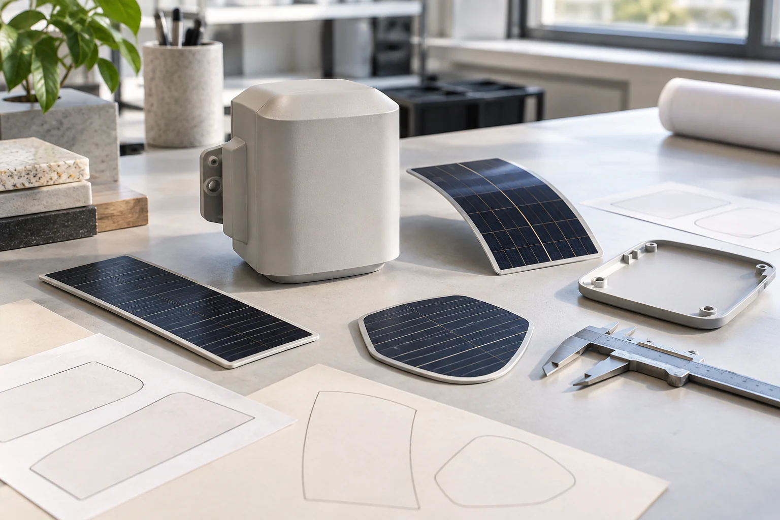 Custom-cut solar panel samples and an IoT enclosure on a product-design workbench