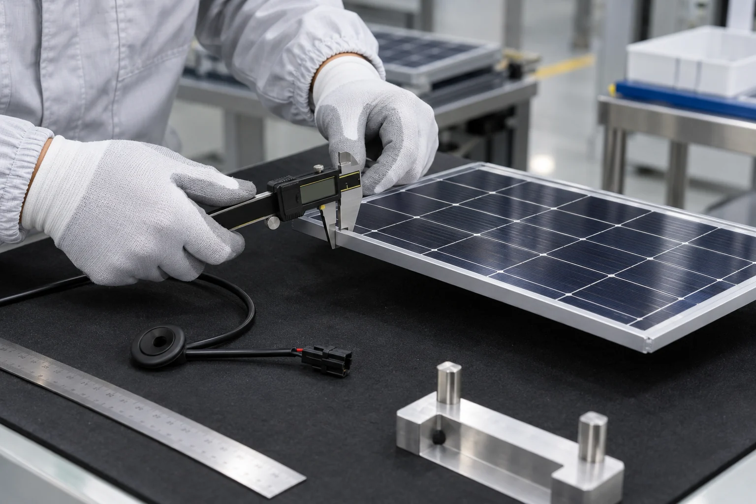 Quality-control technician measuring a custom solar panel edge with a digital caliper