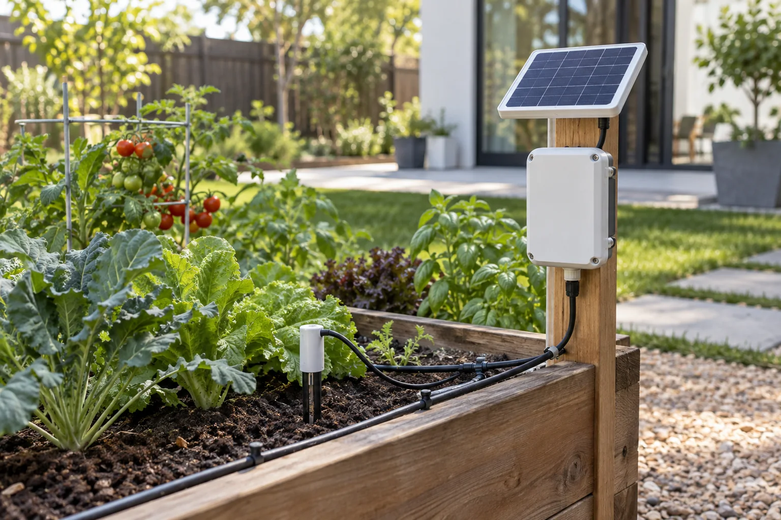 Solar-powered sensor and control device in a home garden
