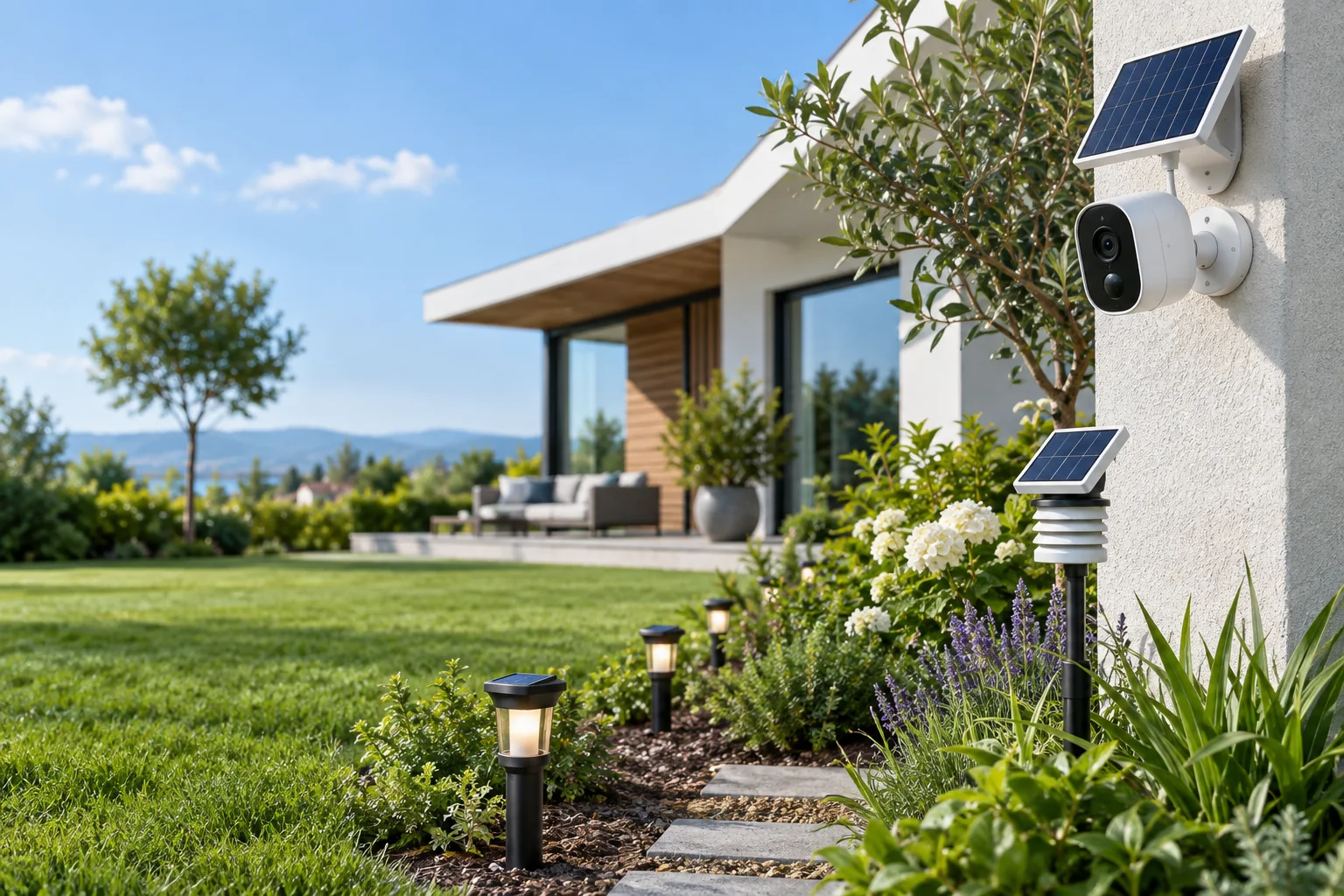 Solar-powered smart-home security camera and garden devices at a modern residence