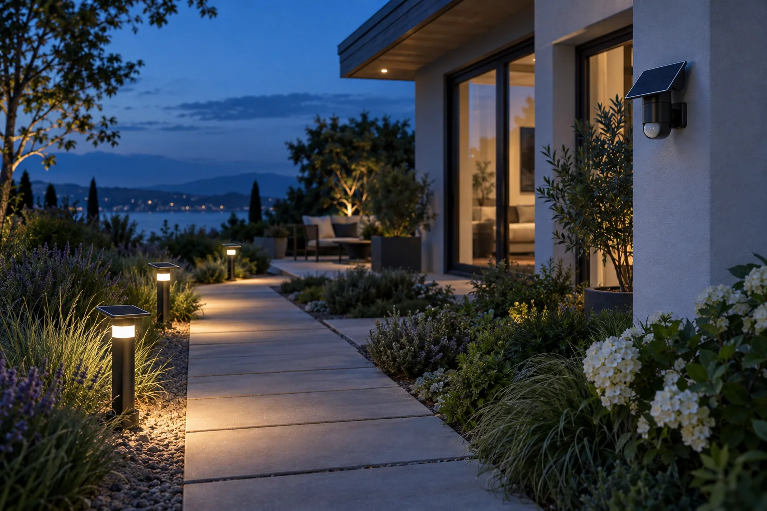 Solar-powered pathway lights and wall sensor at a modern residence