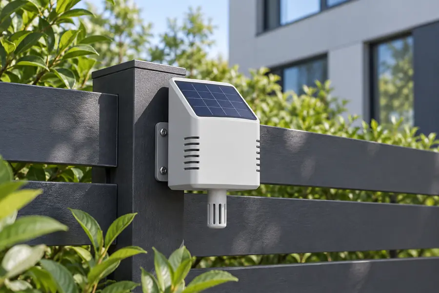 Illustrative solar powered IoT sensor mounted on a fence