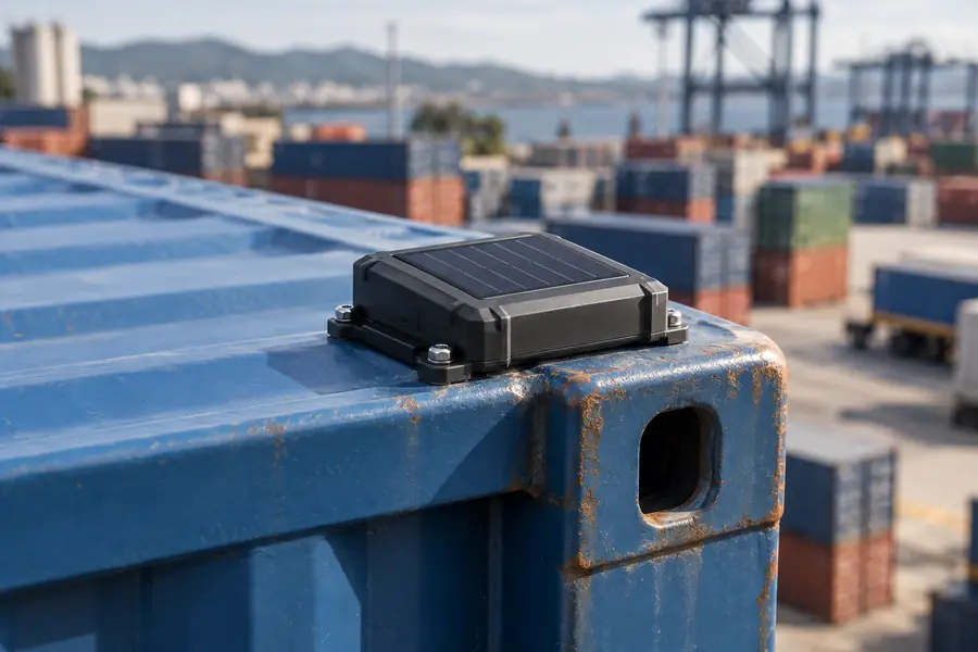 Illustrative solar GPS asset tracker mounted on a shipping container