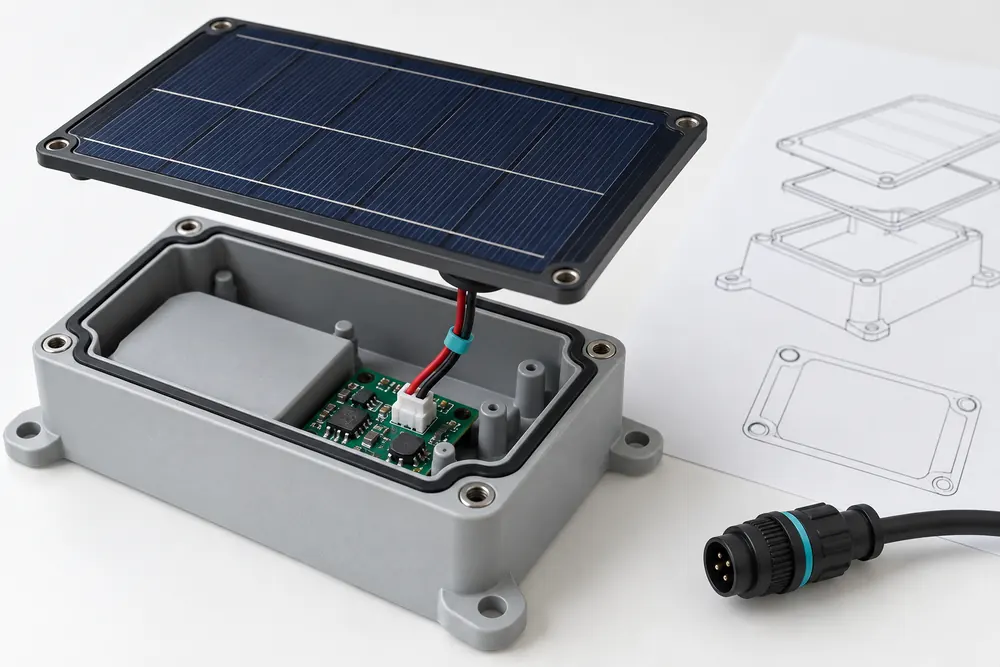 Conceptual exploded view of a compact solar panel and sensor enclosure