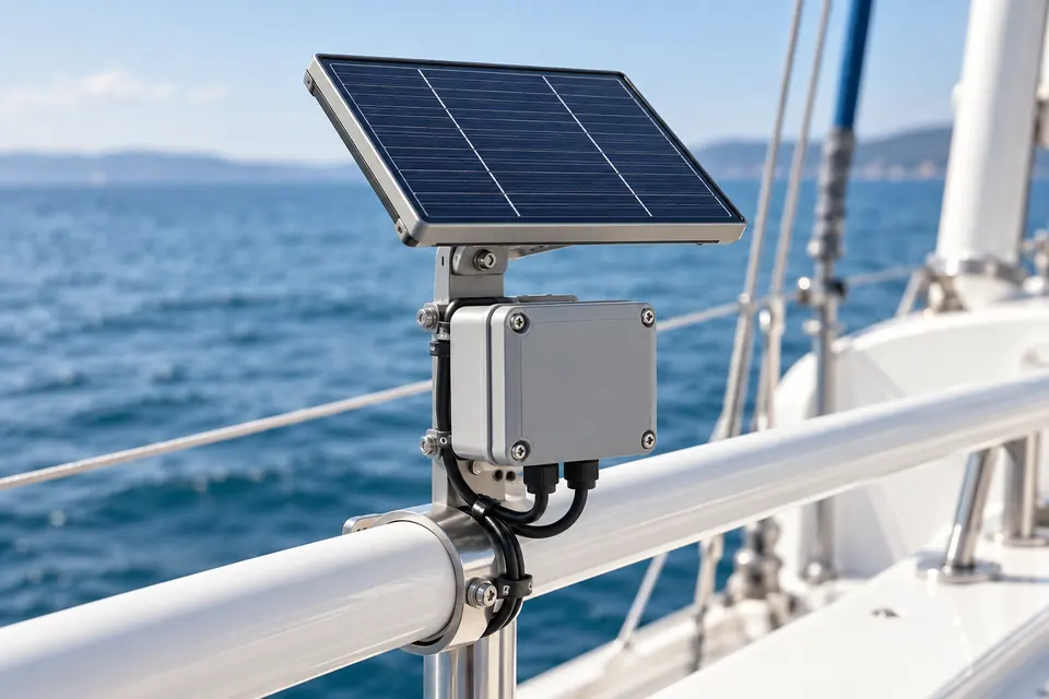 Illustrative compact solar powered onboard marine telemetry equipment
