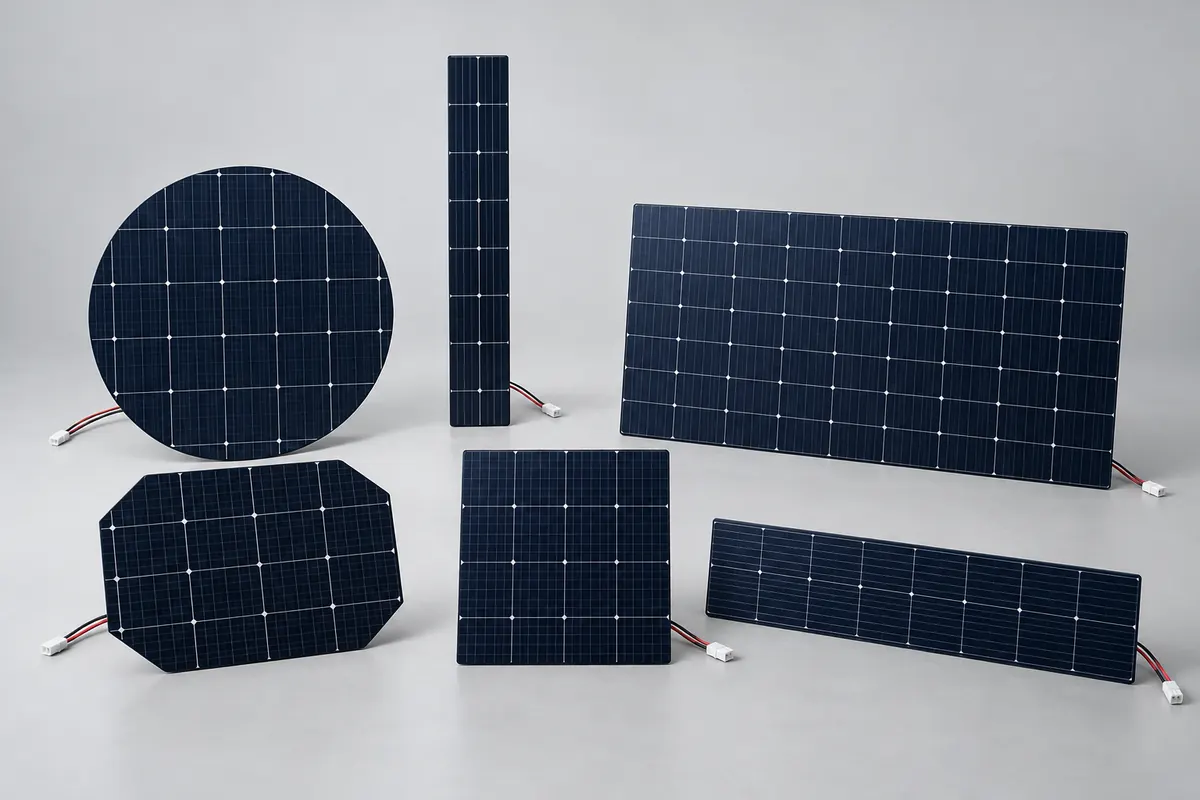 Illustrative round, polygonal, strip and rectangular custom solar panel shapes