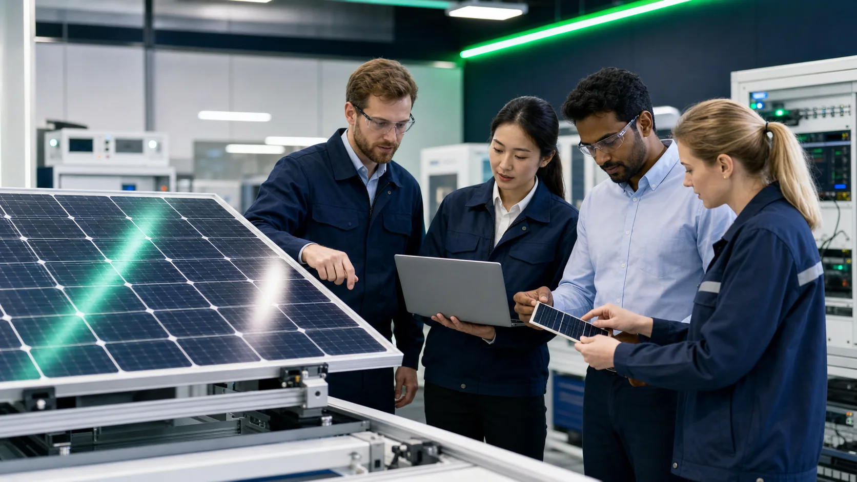 Engineering team reviewing a custom solar panel project