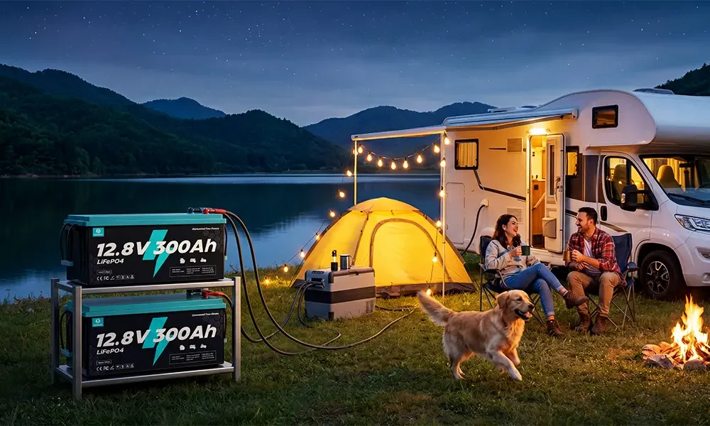 Motorhome beside a lake using an RV solar and battery system