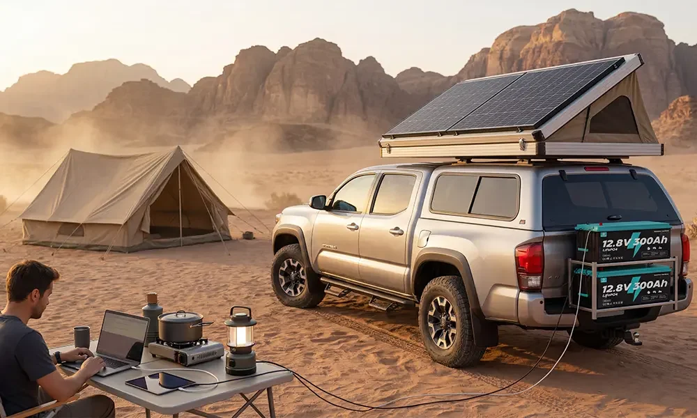 Truck camper with compact solar and battery power