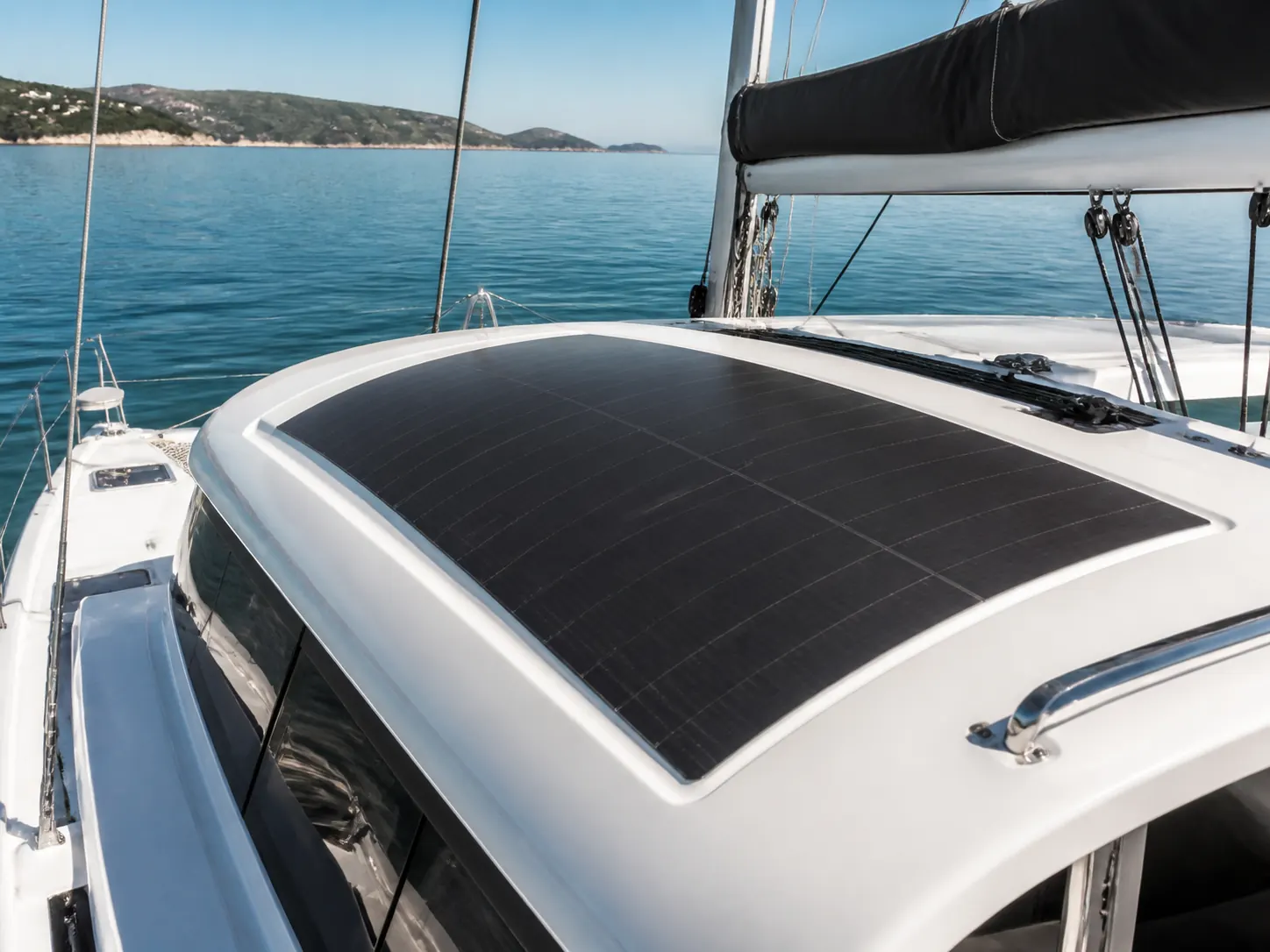 Flexible solar panel installed on a white catamaran canopy