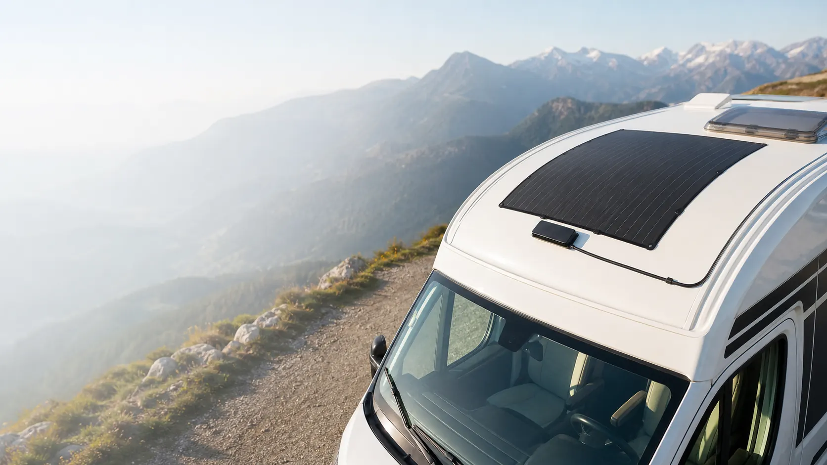 Flexible solar panel following the shape of an RV roof