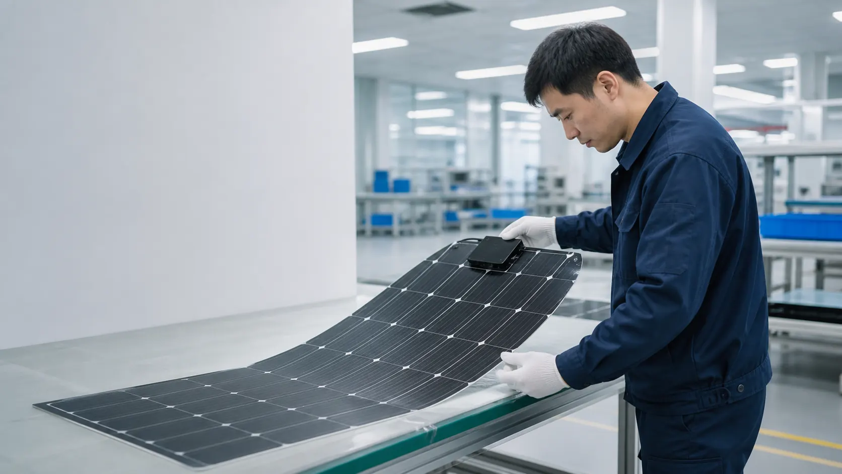 Technician inspecting a flexible solar panel during quality control
