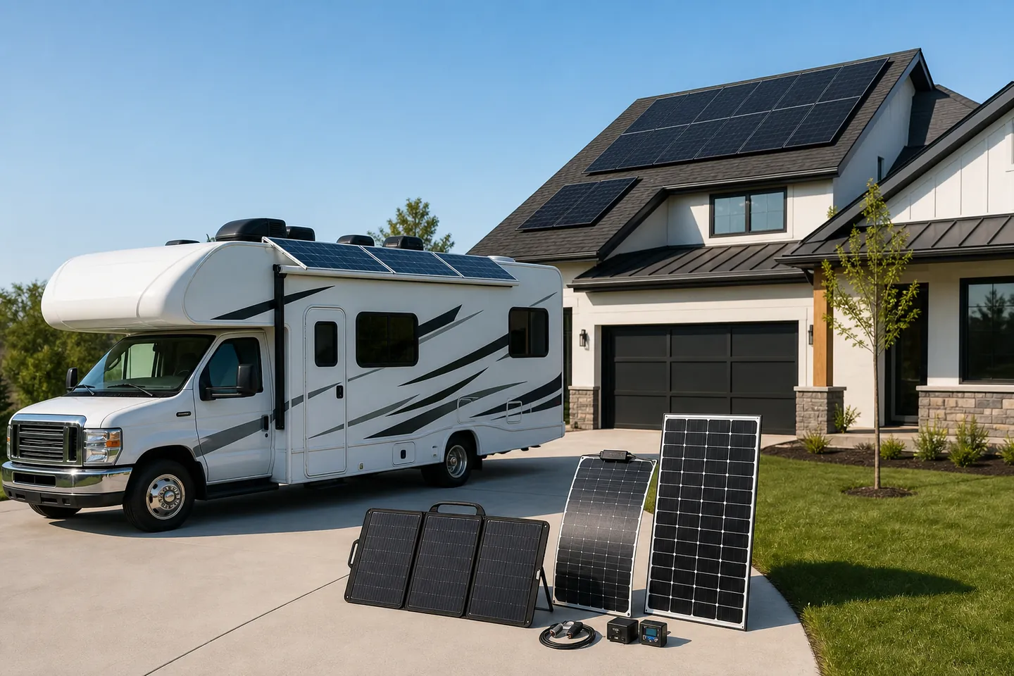 Solar panel collection beside a home and RV