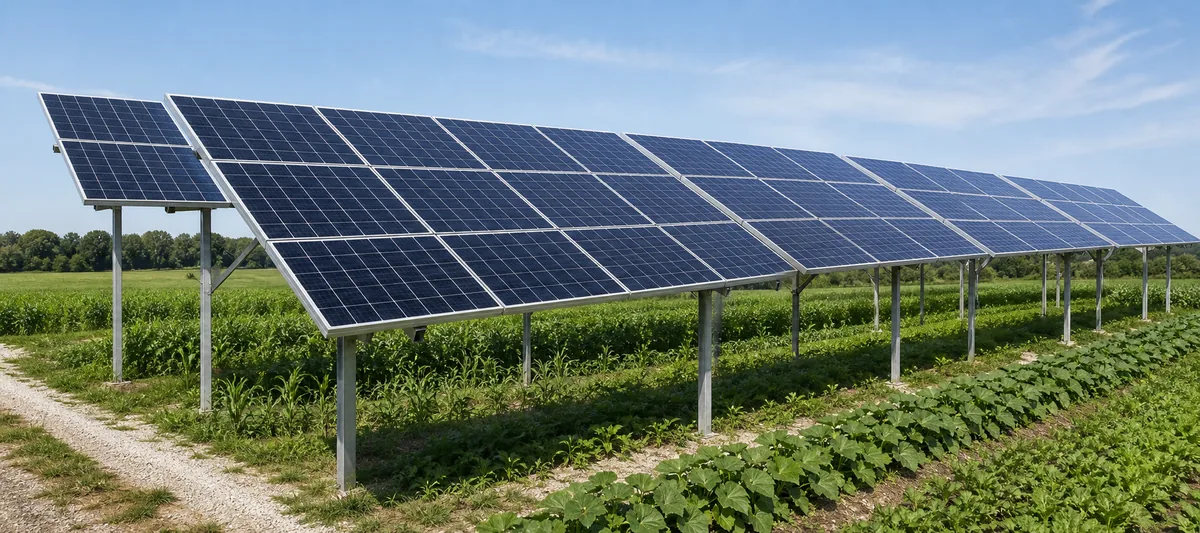 Elevated solar panels installed above agricultural rows