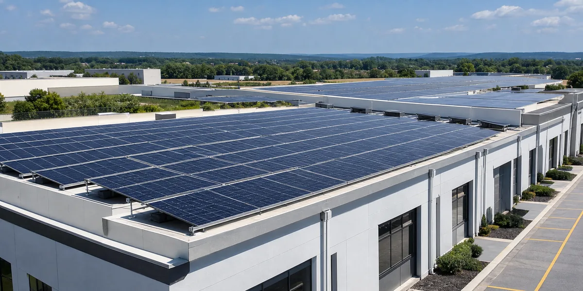 Commercial warehouse rooftops fitted with solar modules