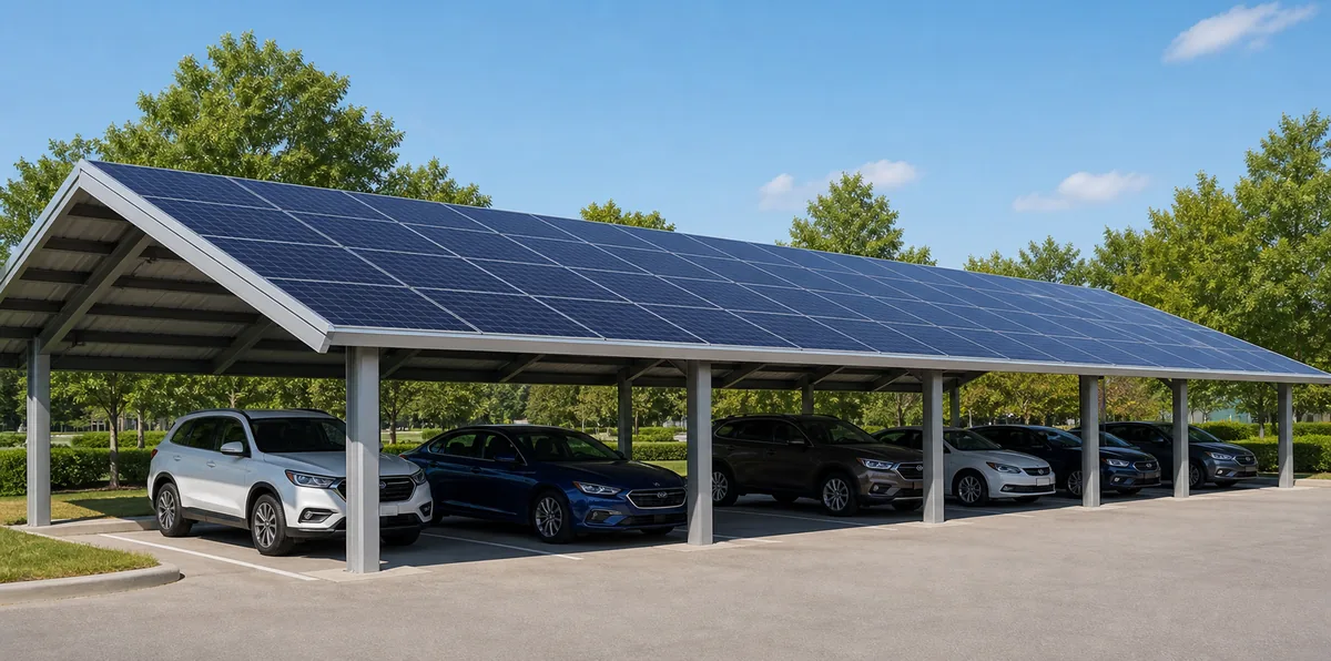 Commercial solar carport shading parked vehicles