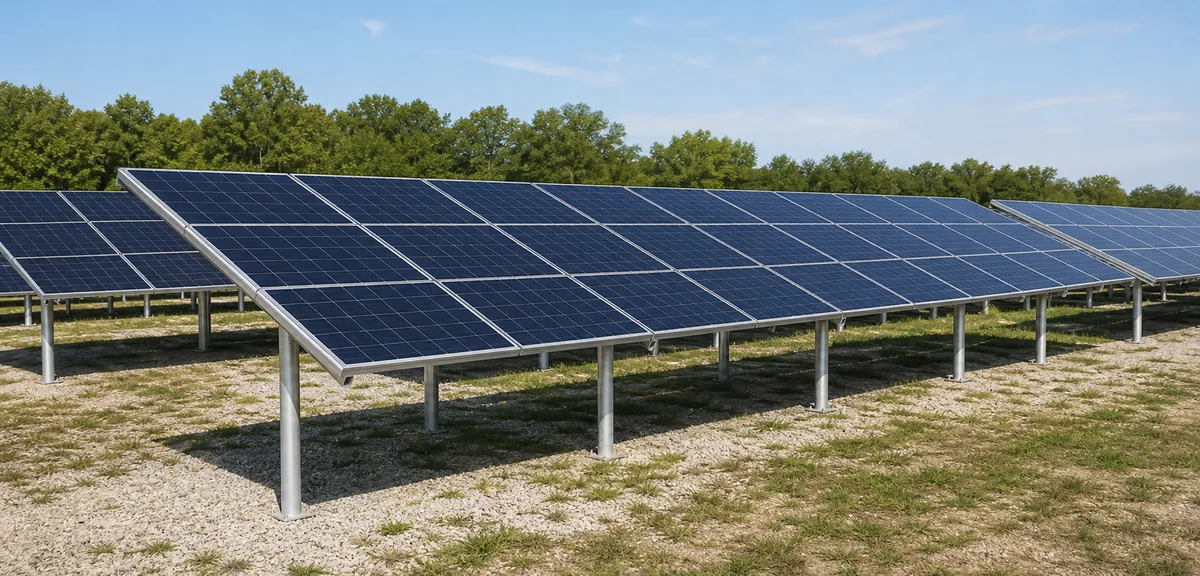 Elevated ground-mounted solar arrays over light gravel