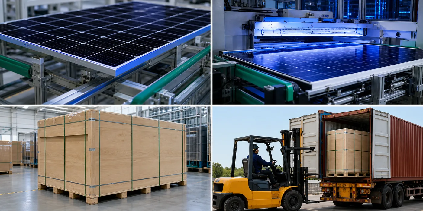 Solar module production, testing, export packaging and container loading