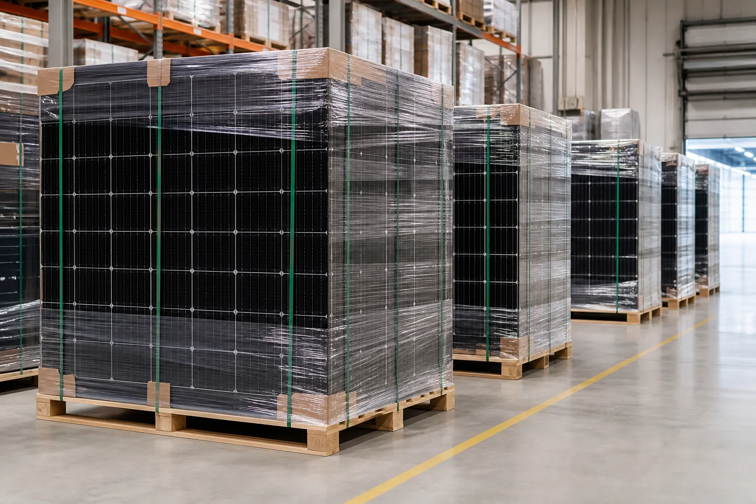 Protected monocrystalline solar panel pallets prepared for OEM distribution