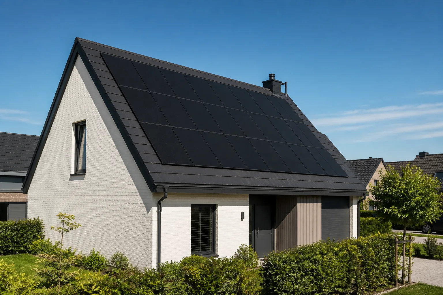 Modern residential rooftop fitted with black monocrystalline solar panels