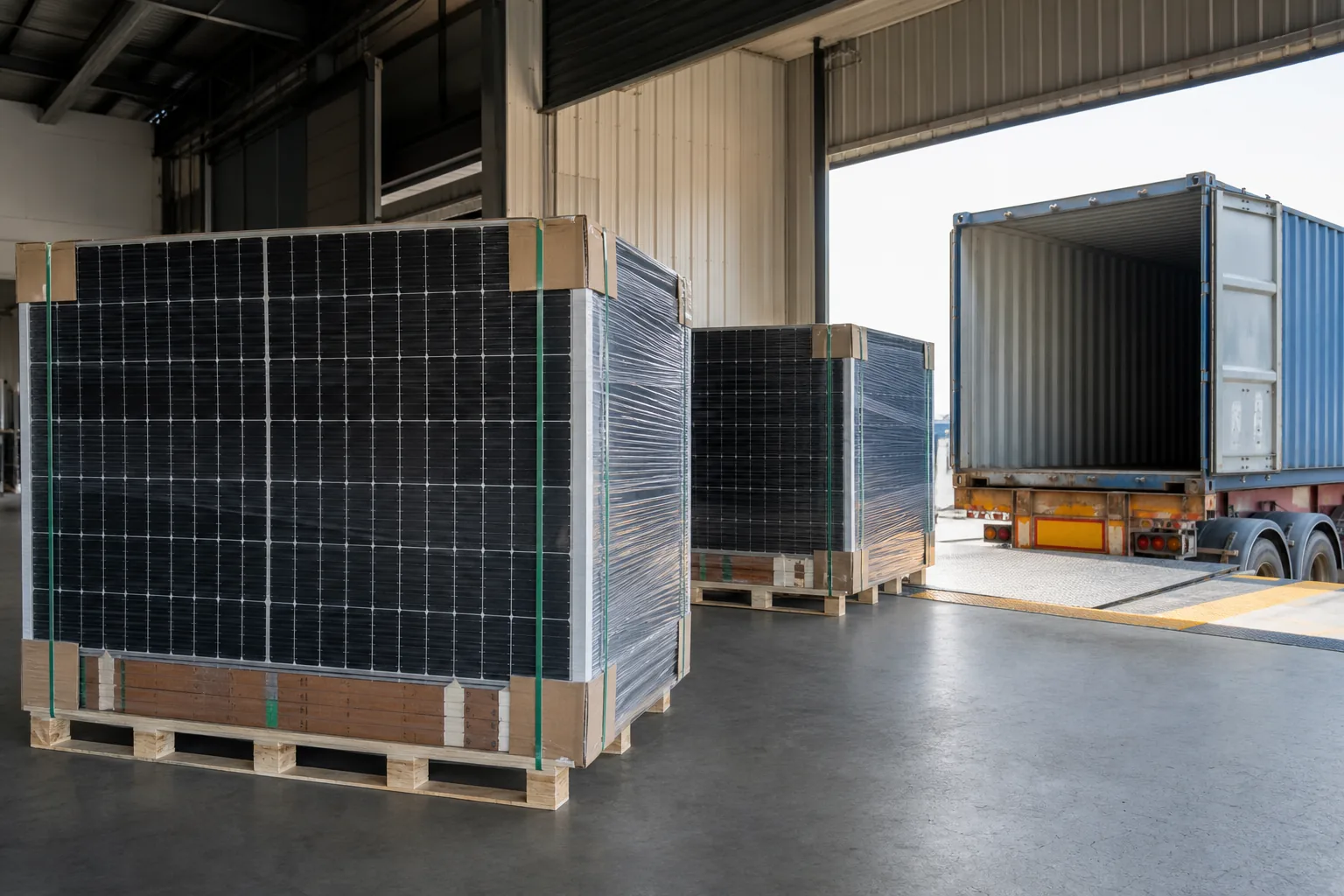 Protected solar panel pallets staged for container loading