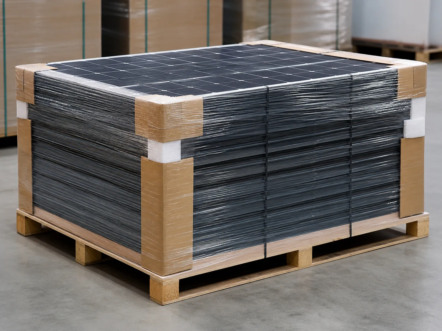 Solar panel export pallet secured with protective corner guards and wrap