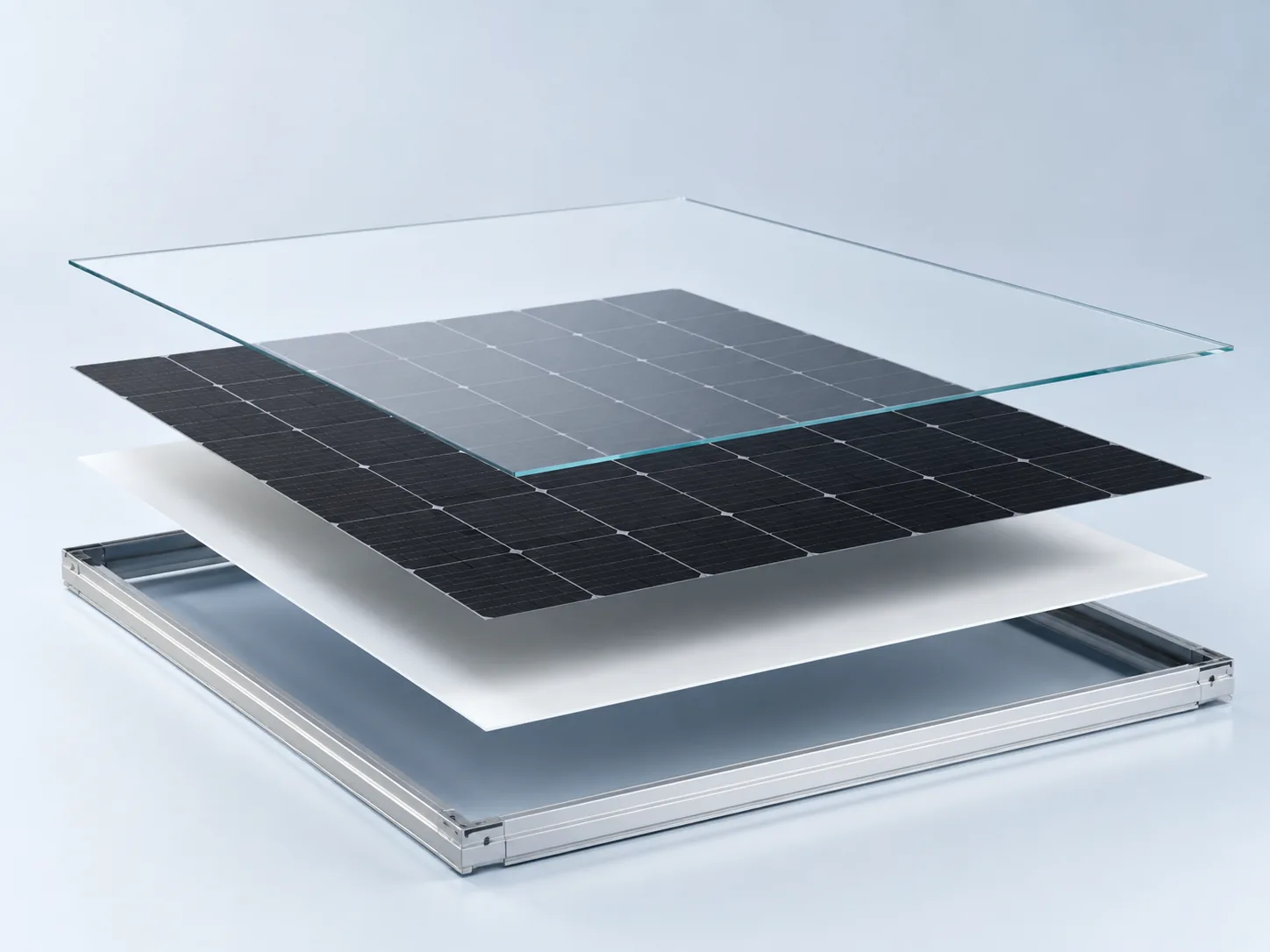 Photorealistic exploded view of monocrystalline solar panel glass, cell, backsheet and frame layers