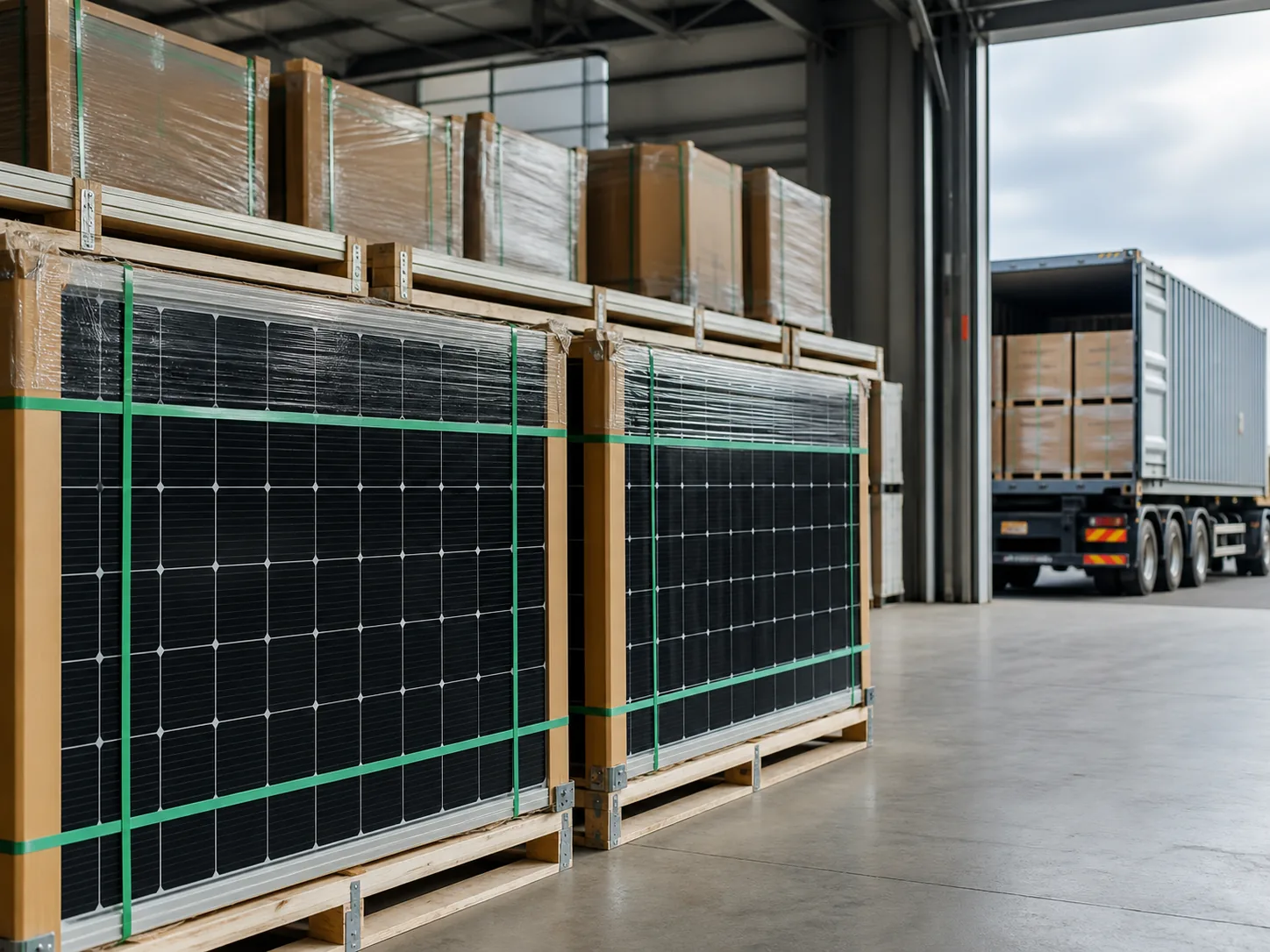 Export-ready monocrystalline panels secured in protective packaging