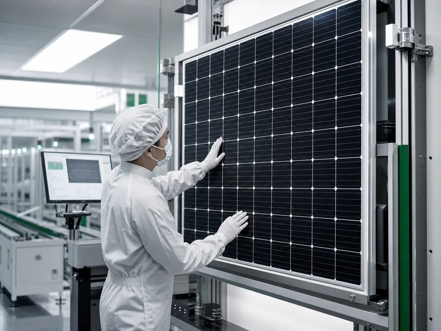 Technician inspecting a monocrystalline solar panel in a photovoltaic quality control facility