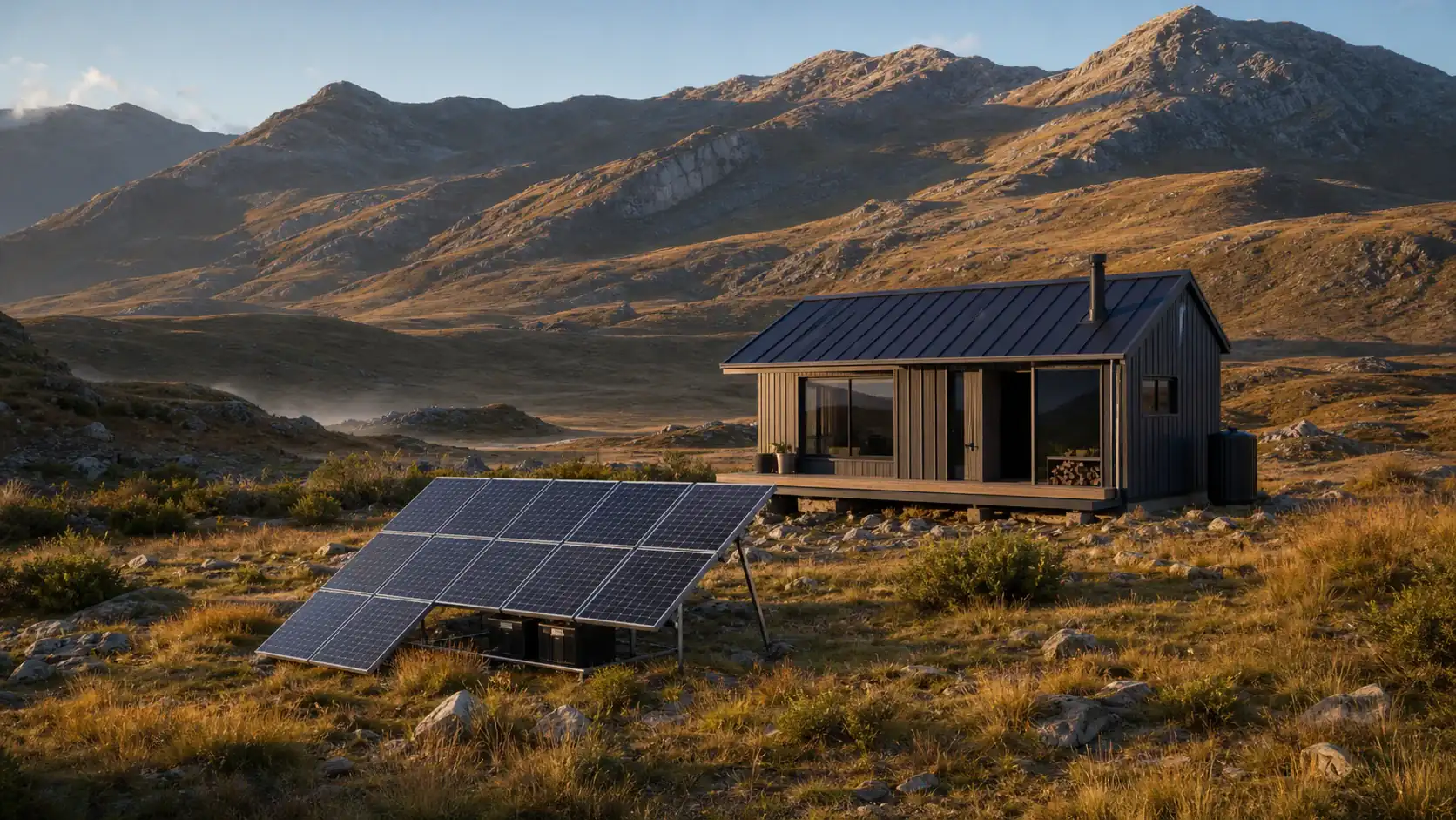 Remote off-grid cabin with a ground-mounted solar array