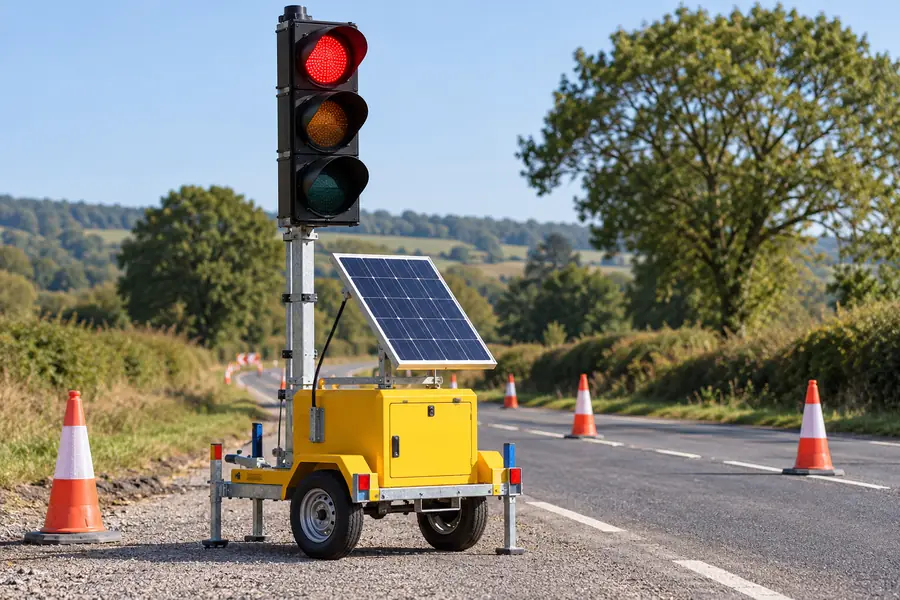 Illustrative portable traffic light powered by a solar panel at a temporary roadworks site