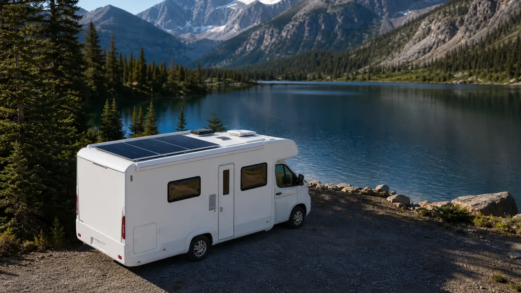 Recreational vehicle with rooftop solar panels by a mountain lake